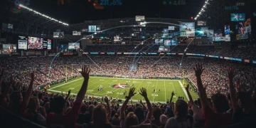 Estádio de futebol com torcida vibrante e gráficos financeiros digitais sobrepostos, simbolizando o impacto dos direitos de transmissão na receita dos clubes.