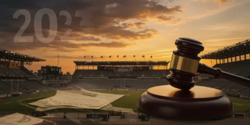 Estádio de futebol ao pôr do sol com elementos jurídicos, representando os desafios legais da SAF no Brasil em 2025.