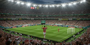 Estádio de futebol brasileiro lotado com jogadores e torcedores celebrando, destacando placas de publicidade e uniformes com logotipos de patrocinadores.