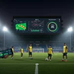 Estádio futurista com telas de IA exibindo estatísticas de jogadores e um olheiro utilizando tablet com análise de IA para captação de talentos no futebol brasileiro.