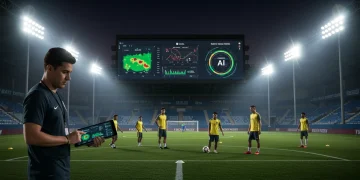 Estádio futurista com telas de IA exibindo estatísticas de jogadores e um olheiro utilizando tablet com análise de IA para captação de talentos no futebol brasileiro.