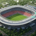 Estádio de futebol moderno com painéis solares e iluminação LED, simbolizando sustentabilidade e economia para clubes.
