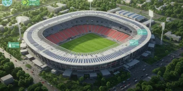 Estádio de futebol moderno com painéis solares e iluminação LED, simbolizando sustentabilidade e economia para clubes.