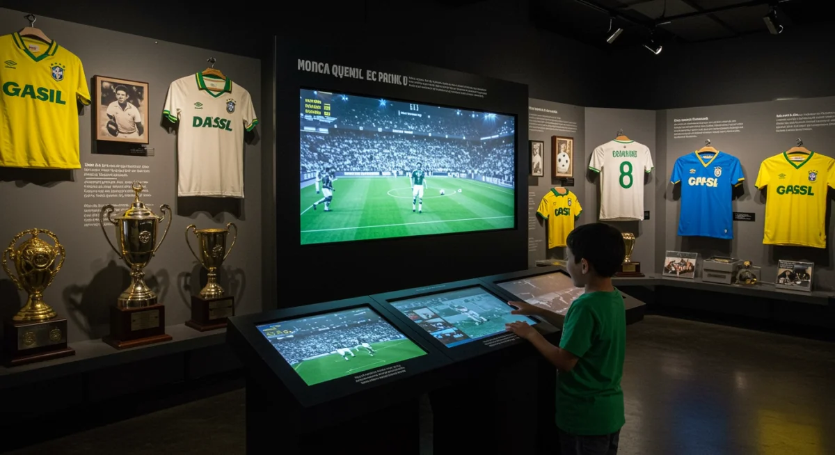 Criança interage com exposição digital em museu de futebol, com camisas históricas e troféus ao fundo.