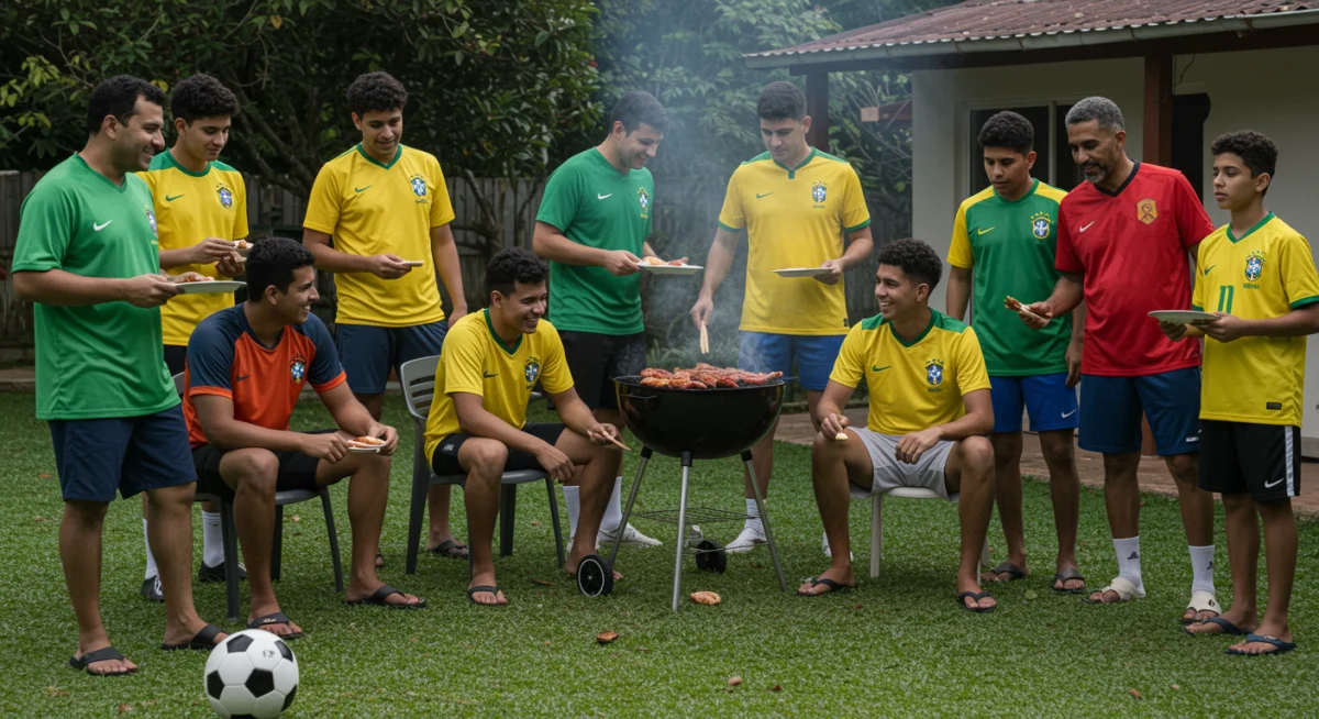 Família reunida no churrasco de domingo, com pais e filhos vestindo camisas de times de futebol, simbolizando a união e a paixão pelo esporte.