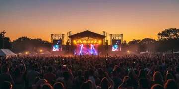 Público vibrante em festival de música ao ar livre durante o pôr do sol, celebrando a retomada dos eventos culturais em 2025 no Brasil.
