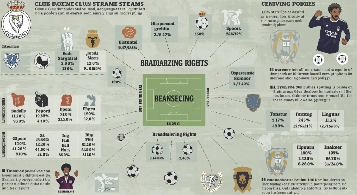 Infográfico detalhando as fontes de receita de um clube de futebol, com destaque para os direitos de transmissão e o potencial aumento de 10% em 2025.