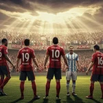 Torcedores e jogadores de futebol exibindo símbolos religiosos e gestos de fé em um estádio lotado, celebrando a conexão entre esporte e espiritualidade.