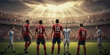 Torcedores e jogadores de futebol exibindo símbolos religiosos e gestos de fé em um estádio lotado, celebrando a conexão entre esporte e espiritualidade.