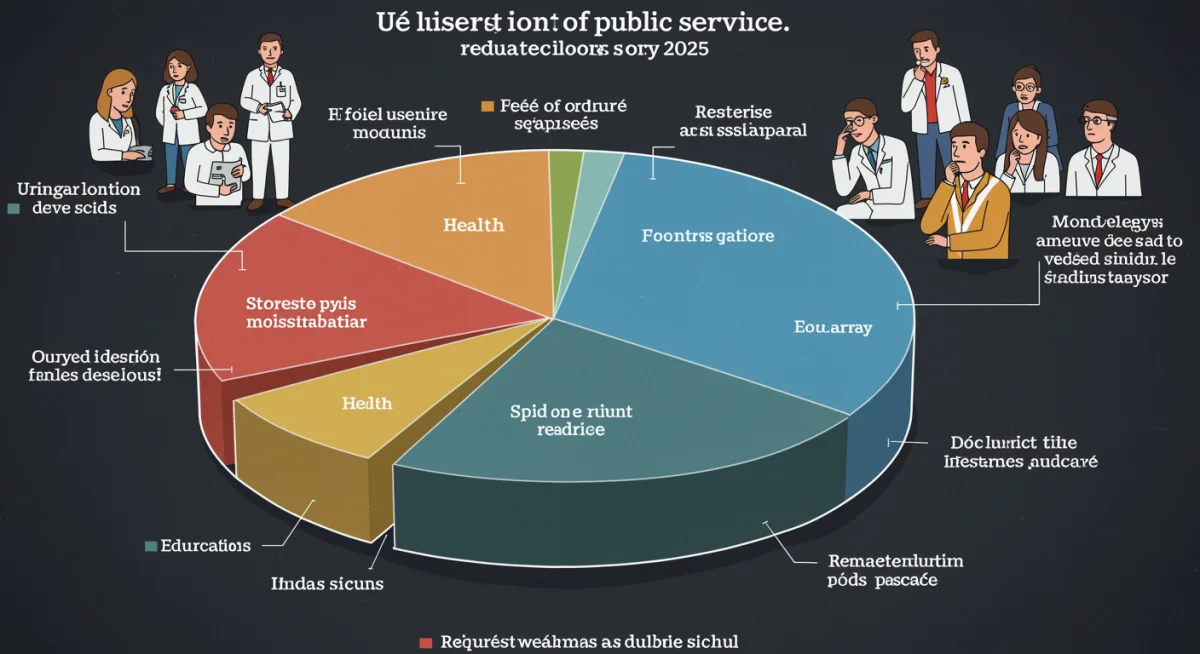 Gráfico detalhado mostrando cortes de orçamento em diferentes setores de serviços públicos como saúde, educação e assistência social, com pessoas preocupadas ao redor.