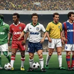 Ídolos históricos: a influência cultural nos clubes brasileiros em 2025 Sete ídolos históricos do futebol brasileiro, representados em ícones que se fundem com os escudos de seus clubes, simbolizando sua influência cultural.