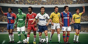 Sete ídolos históricos do futebol brasileiro, representados em ícones que se fundem com os escudos de seus clubes, simbolizando sua influência cultural.