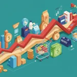 Gráfico de inflação com setas ascendentes e ícones representando setores econômicos como alimentação, energia e serviços, simbolizando o impacto no IPC de 2024 e projeções para 2025.