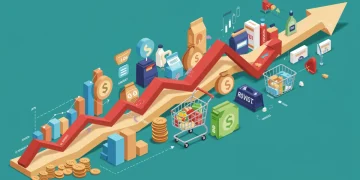 Gráfico de inflação com setas ascendentes e ícones representando setores econômicos como alimentação, energia e serviços, simbolizando o impacto no IPC de 2024 e projeções para 2025.