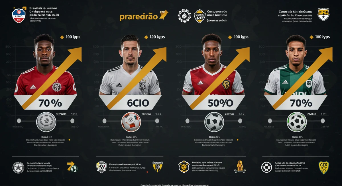 Infográfico com logos de quatro clubes e setas indicando alto potencial de surpresa no Brasileirão 2025.