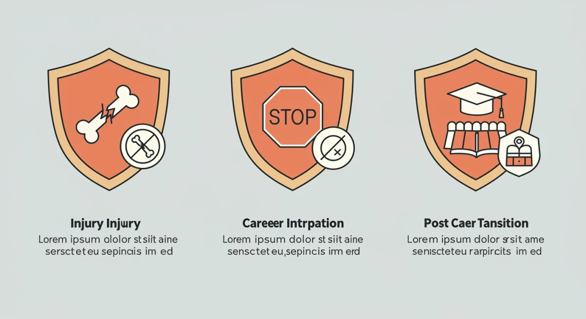 Infográfico com três escudos representando coberturas essenciais de seguro para atletas.