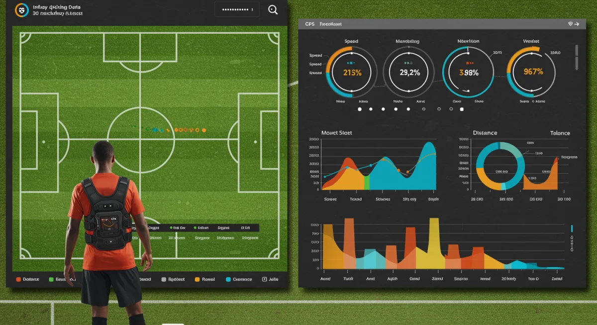 Infográfico detalhado de dados de desempenho de atleta coletados por colete GPS em campo.