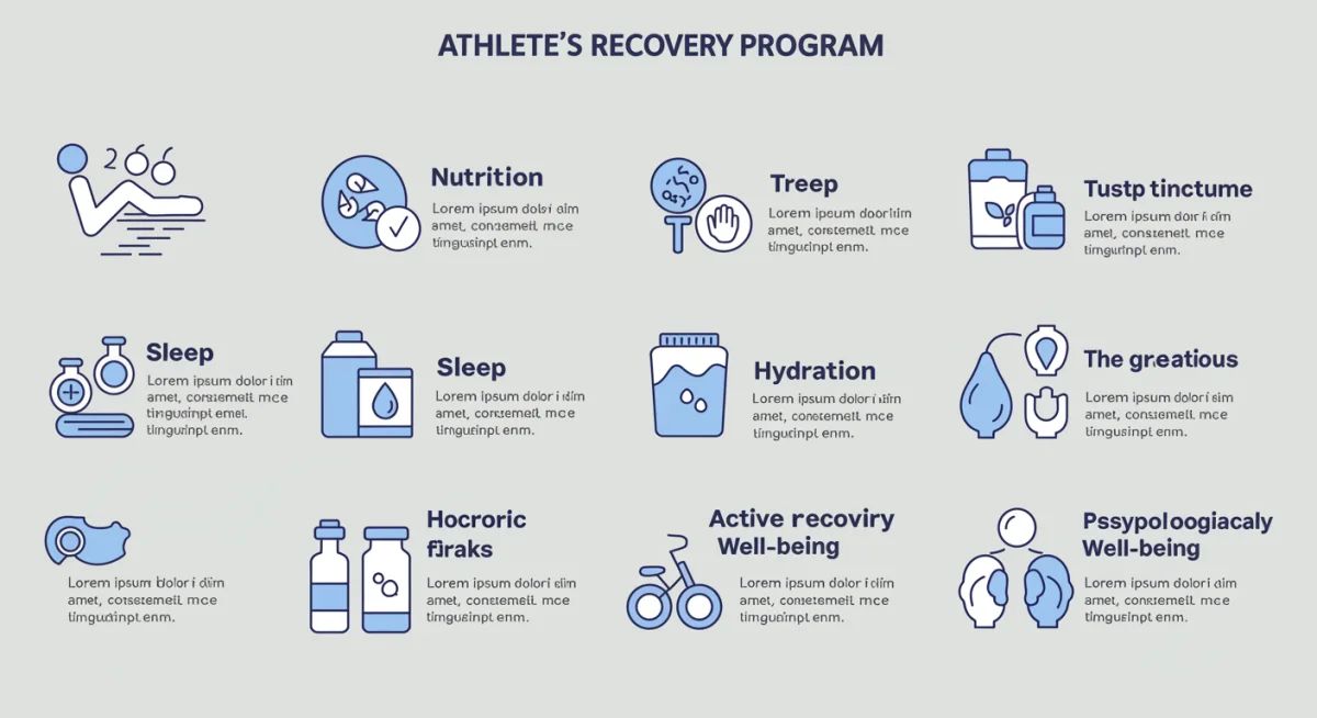 Infográfico detalhado sobre os pilares de um programa de recuperação física e mental de atletas.
