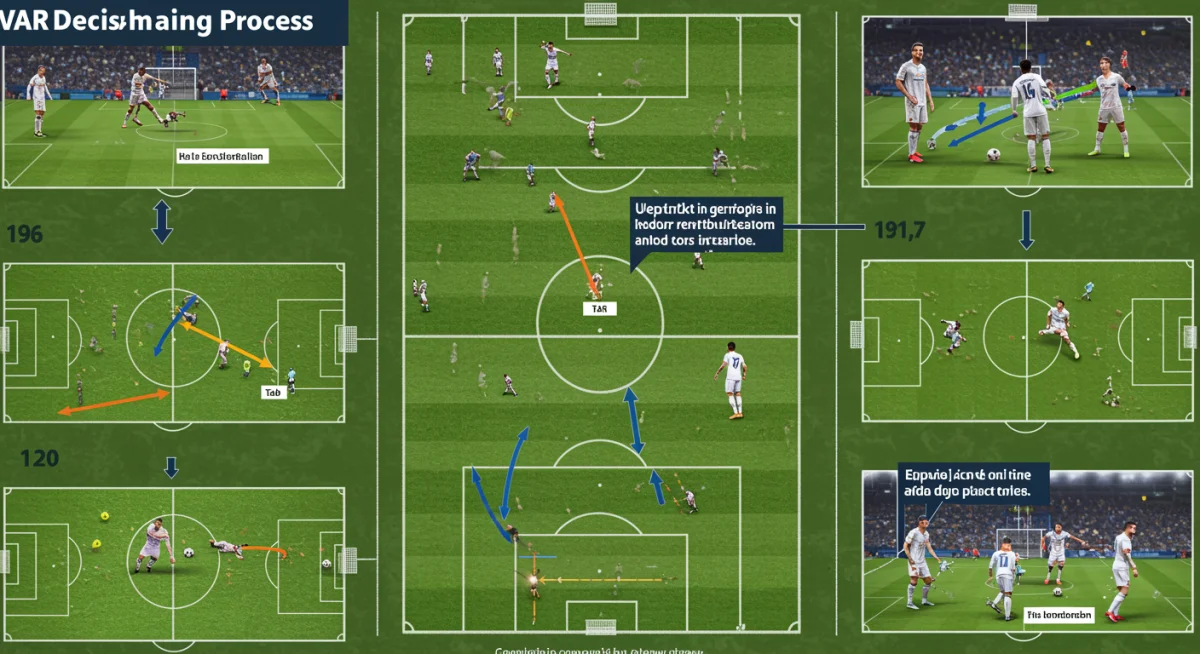 Infográfico detalhando o processo de tomada de decisão do VAR em um lance controverso.