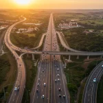 Vista aérea de uma rodovia moderna e uma ferrovia cruzando em um cenário brasileiro, simbolizando o avanço da infraestrutura.