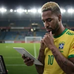 Jogador de futebol brasileiro olhando para uma tela de tablet com informações sobre apostas esportivas, com um campo de futebol ao fundo, simbolizando a nova regulamentação.