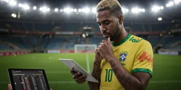 Jogador de futebol brasileiro olhando para uma tela de tablet com informações sobre apostas esportivas, com um campo de futebol ao fundo, simbolizando a nova regulamentação.