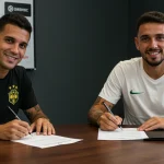 Jogador de futebol assinando contrato com representantes do clube, destacando a importância das cláusulas contratuais estratégicas no mercado de transferências de 2025 no Brasil.