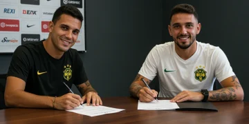 Jogador de futebol assinando contrato com representantes do clube, destacando a importância das cláusulas contratuais estratégicas no mercado de transferências de 2025 no Brasil.