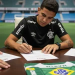 Jogador de futebol brasileiro assinando contrato, representando as novas regulamentações de licenciamento de 2025.