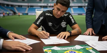 Jogador de futebol brasileiro assinando contrato, representando as novas regulamentações de licenciamento de 2025.