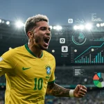 Jogador brasileiro celebrando gol com elementos digitais e gráficos de valorização ao fundo