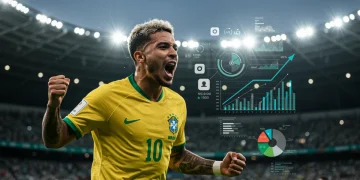 Jogador brasileiro celebrando gol com elementos digitais e gráficos de valorização ao fundo