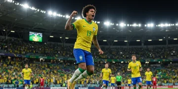 Jogador de futebol comemorando um gol em um estádio lotado, simbolizando a paixão e os interesses financeiros do futebol brasileiro.