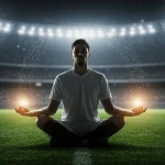 Jogador de futebol meditando em campo, demonstrando foco mental e tranquilidade antes de uma partida importante.