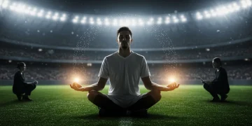 Jogador de futebol meditando em campo, demonstrando foco mental e tranquilidade antes de uma partida importante.