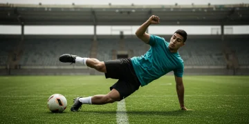 Jogador de futebol brasileiro em alta performance, simbolizando a eficácia da preparação física moderna na prevenção de lesões.