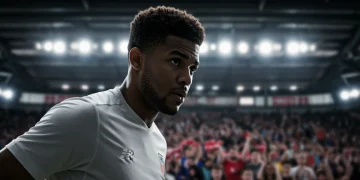 Jogador de futebol profissional em campo, simbolizando a carreira do atleta e a necessidade de proteção.