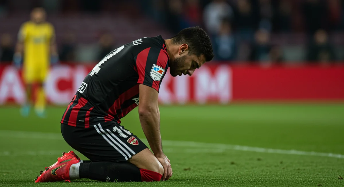 Jogador de futebol ajoelhado no campo em oração após marcar um gol, demonstrando a fé no esporte.
