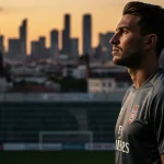 Jogador de futebol em campo olhando para o futuro, simbolizando planejamento pós-carreira.