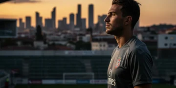 Jogador de futebol em campo olhando para o futuro, simbolizando planejamento pós-carreira.