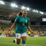 Jogadora de futebol feminino brasileira celebrando um gol em um estádio lotado, simbolizando a valorização do esporte no Brasil.