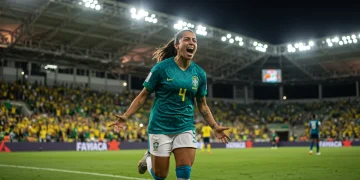 Jogadora de futebol feminino brasileira celebrando um gol em um estádio lotado, simbolizando a valorização do esporte no Brasil.