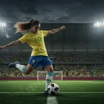 Jogadora de futebol feminino em ação, chutando a bola em um estádio lotado, simbolizando a força e o crescimento do esporte no Brasil.