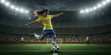 Jogadora de futebol feminino em ação, chutando a bola em um estádio lotado, simbolizando a força e o crescimento do esporte no Brasil.