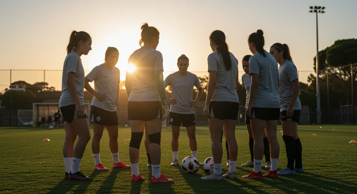 Jogadoras de futebol feminino em uma roda de conversa durante o treino, demonstrando união e profissionalismo.