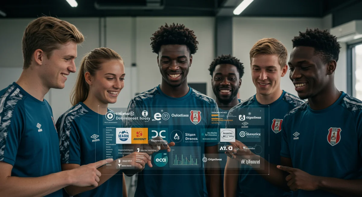 Jovens jogadores de futebol, homens e mulheres, interagindo com tela digital exibindo logos de patrocinadores e gráficos de dados, em um centro de treinamento moderno.