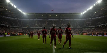 Jogadores caminhando em campo iluminado, simbolizando transferências de inverno no Brasileirão.