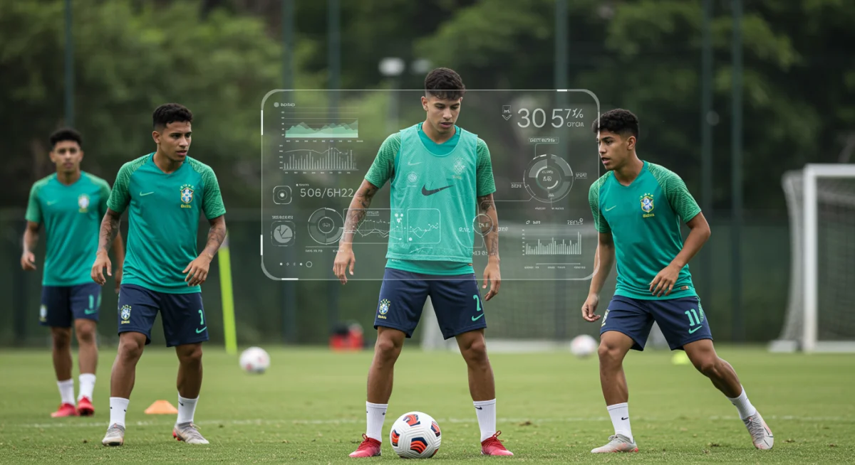 Jovens jogadores de futebol brasileiros em treinamento com dados biométricos e métricas de desempenho gerados por IA em tempo real.