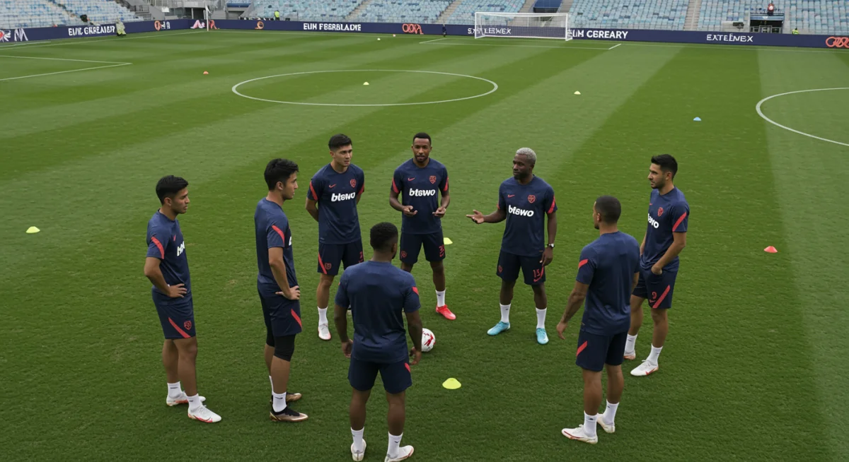 Jogadores de futebol treinando em um campo moderno, discutindo estratégias, representando os aspectos profissionais e financeiros de suas carreiras.