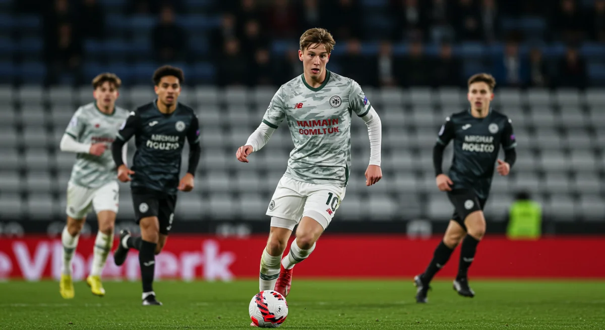 Jovem jogador driblando adversários com habilidade e determinação em partida de futebol.